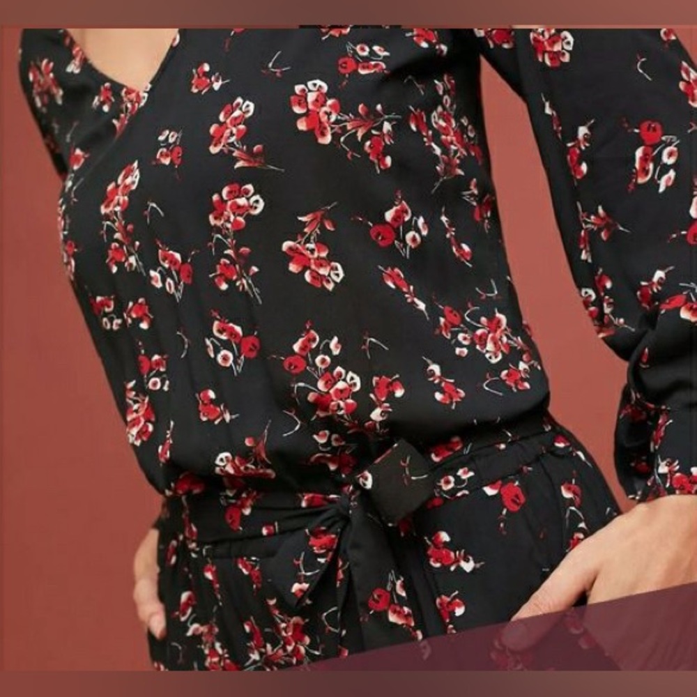 Anthropologie black and red floral jumpsuit size XS EUC
